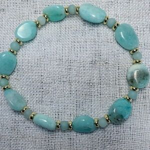 Gemstone bracelet,oval & round small natural Amazonite stones, gold spacers.7.5”